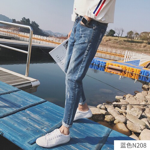 Men's Fashion Jeans 9-inch Casual Slim Straight Versatile Pants Korean Style Trendy Summer Thin Long Jeans