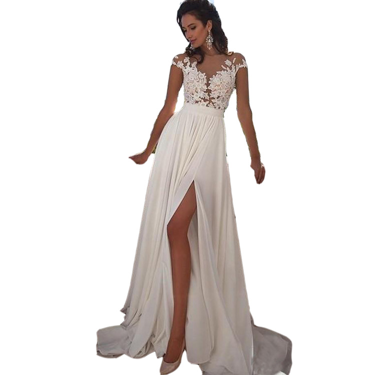 Wholesale European and American Wedding Dress 2025 New Slim Shoulder Round Neck See-Through Small Tail Bridal Beach Gauze Large Size