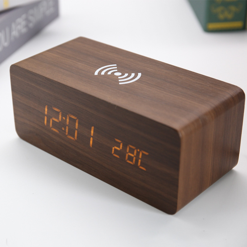 Explosive mobile phone wireless charging wooden clock creative LED smart home alarm clock wake-up light wooden clock