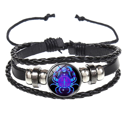 Euro-American couple's bracelet: 12-zodiac-themed, multi-layered braided, glow-in-the-dark punk-style cowhide starry-night bracelet accessory