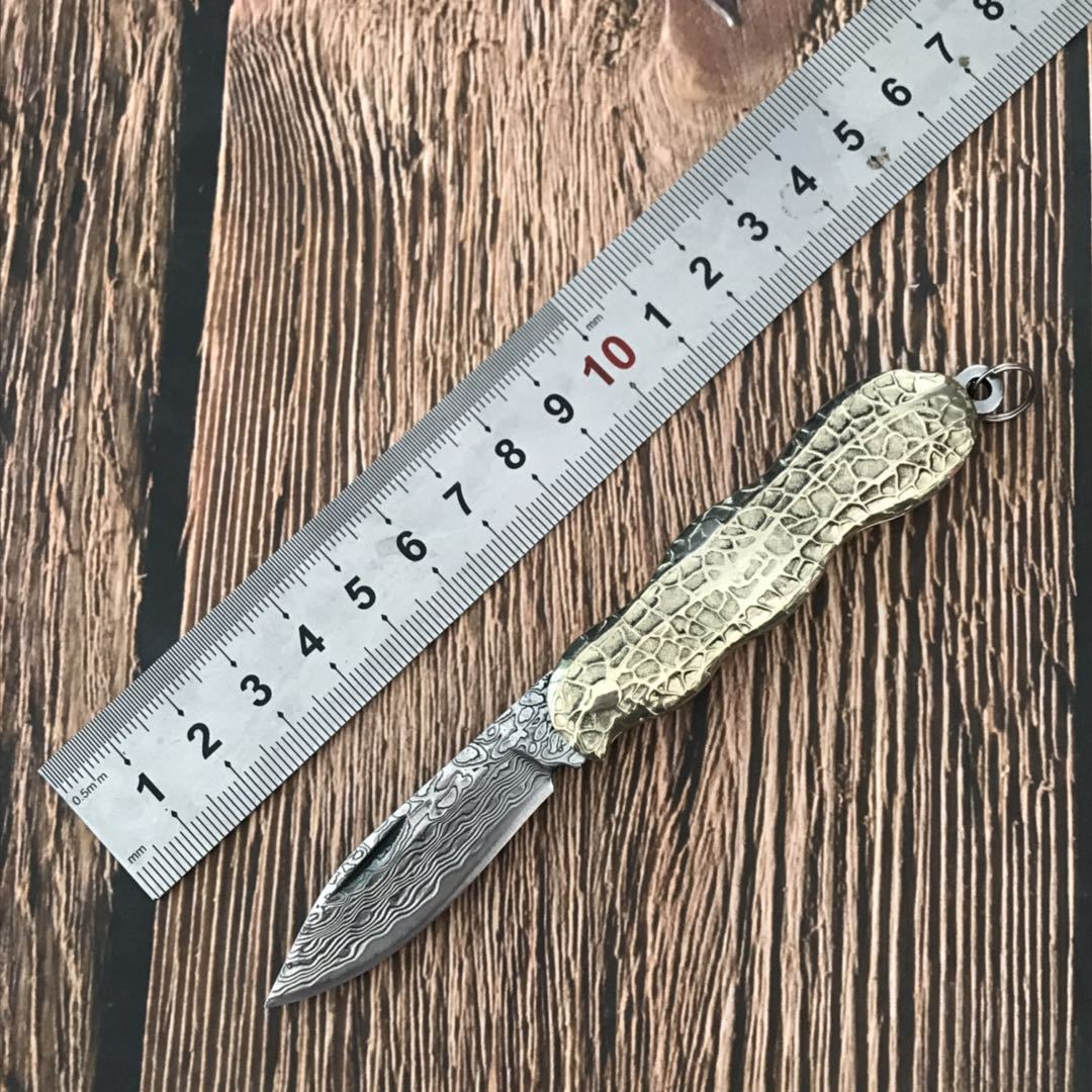 花生大马士革钢折叠刀铜柄小折刀户外随身礼品刀片可折叠折叠式