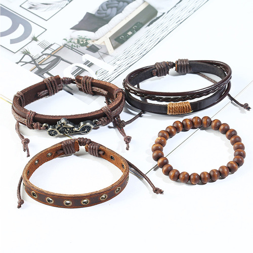 Watch set men's fashionable casual two-eye belt quartz watch + bicycle punk bracelet 5pcs/set