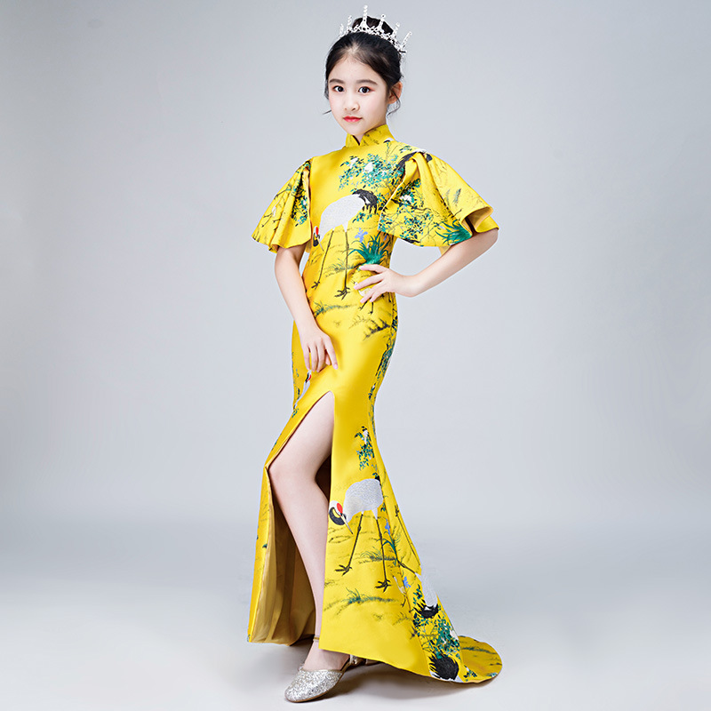 Girls' Catwalk Trailing Gowns Cheongsam Children's Evening Dresses Little Princesses Hostess Performance Costumes Modified Fit_voghion.com