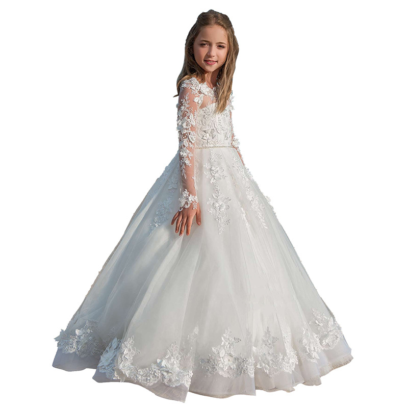 Girls' Princess Dress White Tulle Gown For Flower Girl Wedding Evening Children's Piano Performance Costume_voghion.com