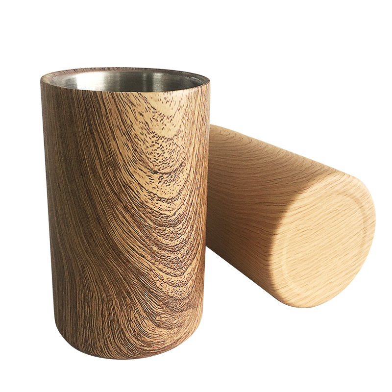 Acero inoxidable nuevo grano de madera de doble capa aislado cubo de hielo barra redonda recta cerveza cubo de metal Champagne Cubo de vino