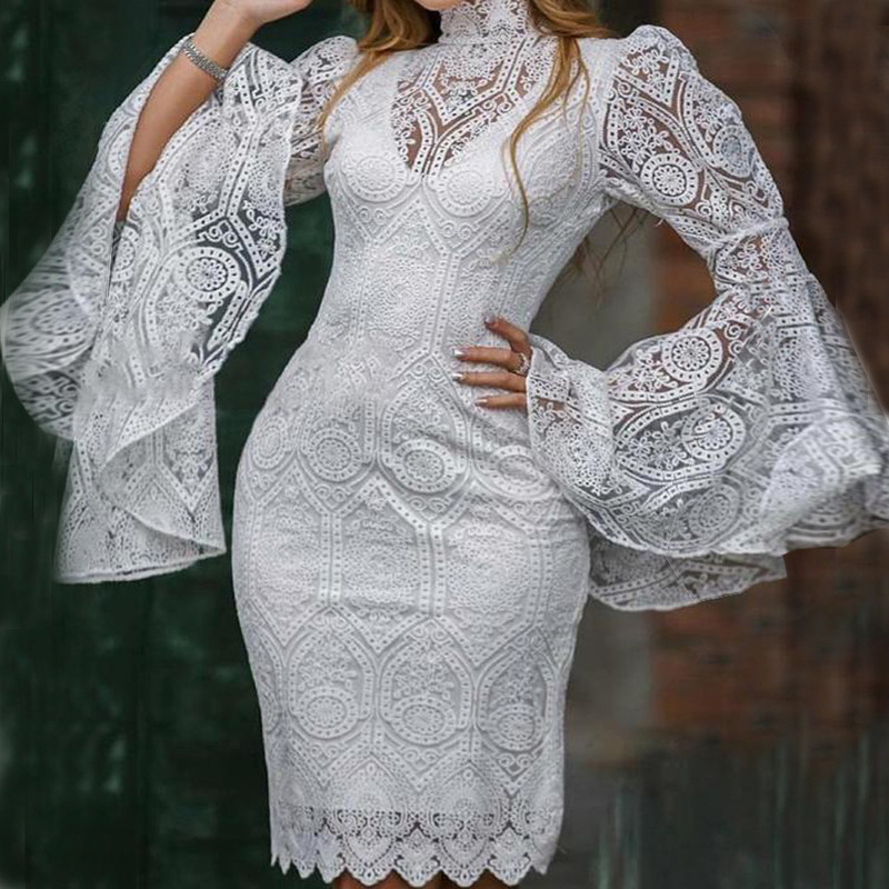 Cross-border European and American women's lace embroidery horn sleeve dress Amazon explosion slim banquet evening dress wholesale
