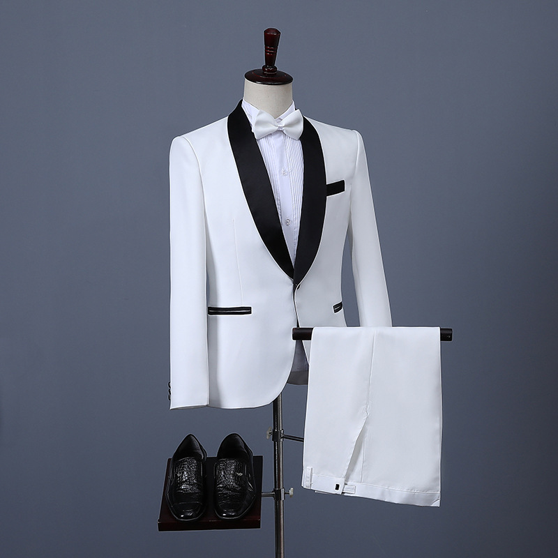 Men's Suit, Korean Style Suit, Slim Fit, White Professional Suit, Groomsmen and Groom's Formal Wear, Comes with a Bow Tie