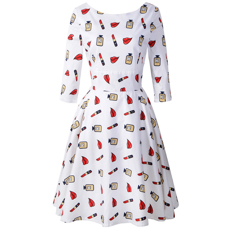 Swintager Amazon autumn and winter 50 s retro dress seven sleeve lipstick printing dress