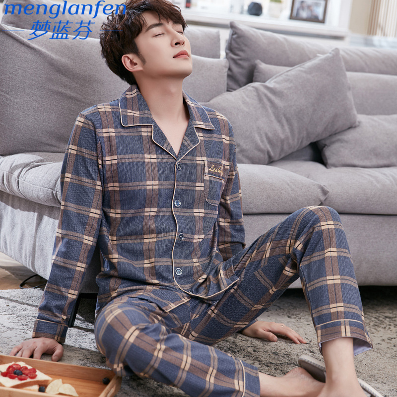 Pijama de manga larga para hombres primavera y otoño 100% algodón cardigan cuadrado elegante ropa de casa para hombres invierno grande conjunto