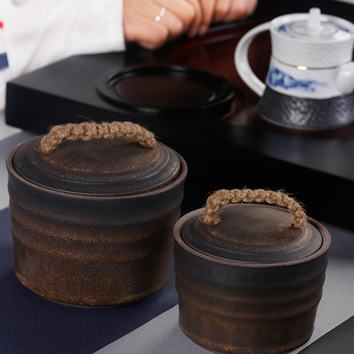 Wholesale moisture-proof coarse pottery tea jars, gilt wide-mouth storage jars, retro creative sealed Pu'er tea cake storage jars