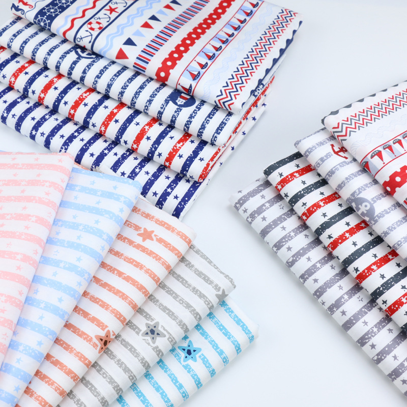 全棉斜纹条纹星星印花面料 海军风格 幼儿园宝宝纯棉床品布料批发