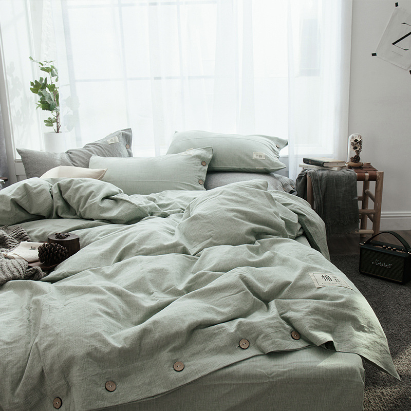 Simple Hotel-style Four-piece Linen Texted Solid Color Button Plain Color Pure Cotton Cotton Quilt Cover Bedding