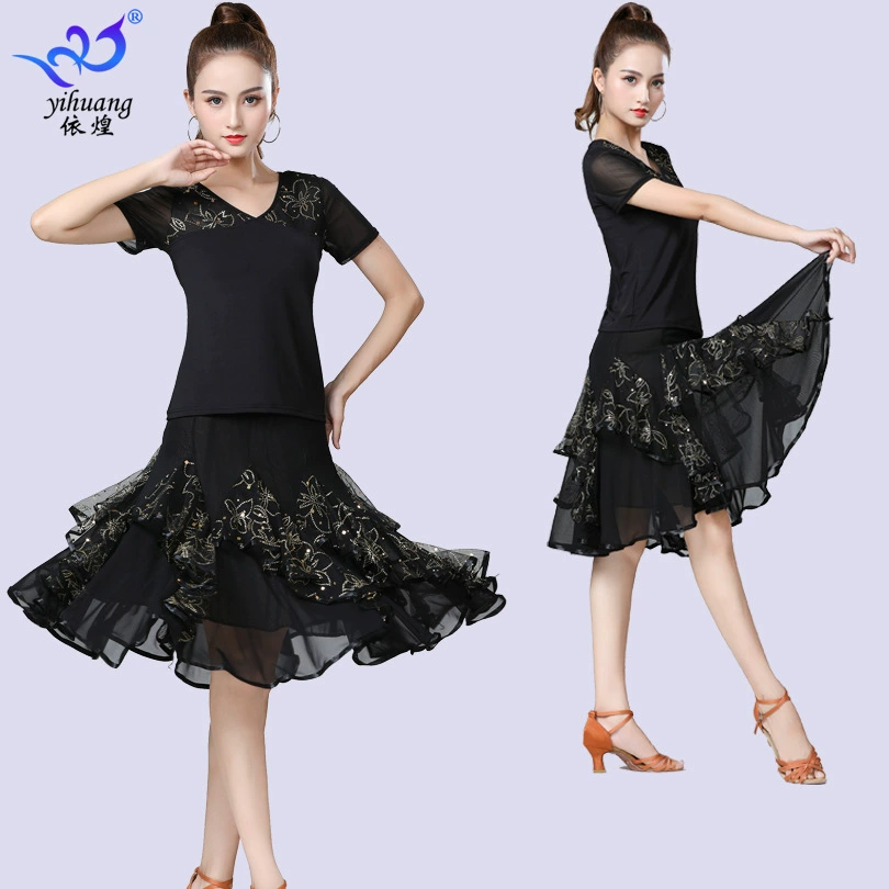 Квадратный танцевальный костюм, новый стильный костюм, костюм для бальных танцев с короткими рукавами, женская танцевальная одежда, юбка для танцев среднего и пожилого возраста, юбка