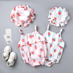 New 2024 Summer Baby Girl Strawberry Tank Top Romper for 0-3 Months with Hat, Cotton One-piece, Dropshipping