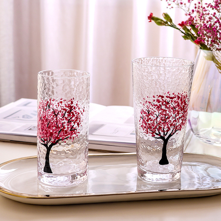 创意家居日式手绘花纹锤目纹透明玻璃水杯家用果汁杯花茶杯牛奶杯