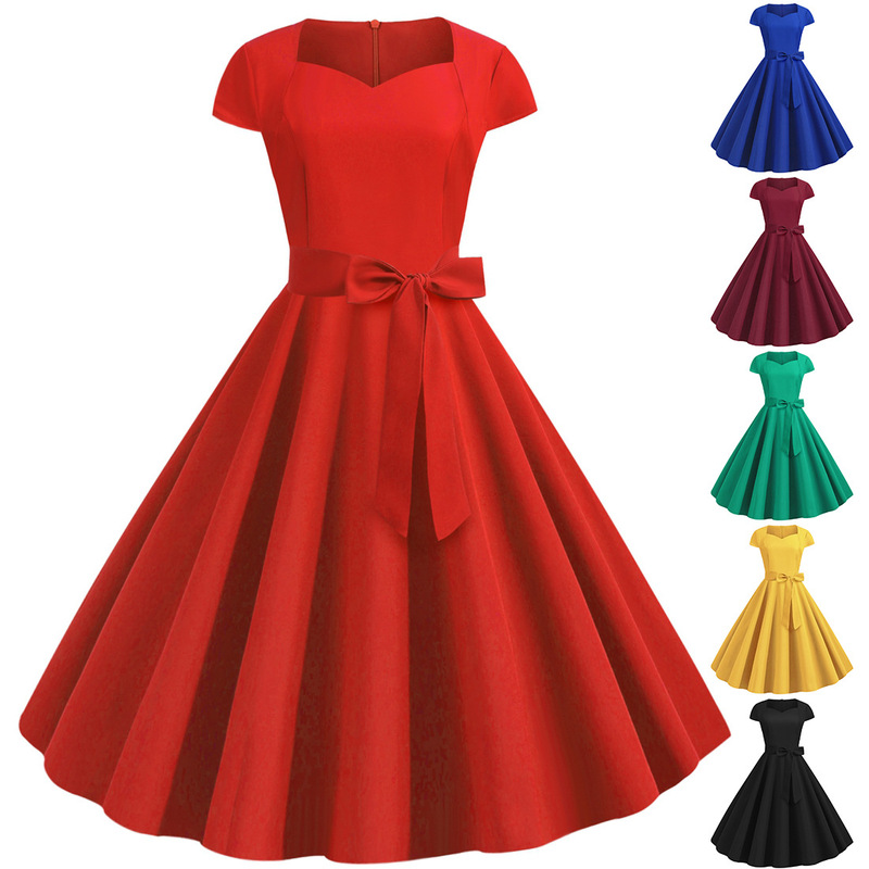 L8037 Cross-Border Summer New Product Retro Women's Sleeves Pure Color Belt Large Hem Dress Manufacturer Spot Wholesale L8037 Cross-Border Summer New Product Retro Women's Sleeves Pure Color Belt Large Hem Dress Manufacturer Spot Wholesale