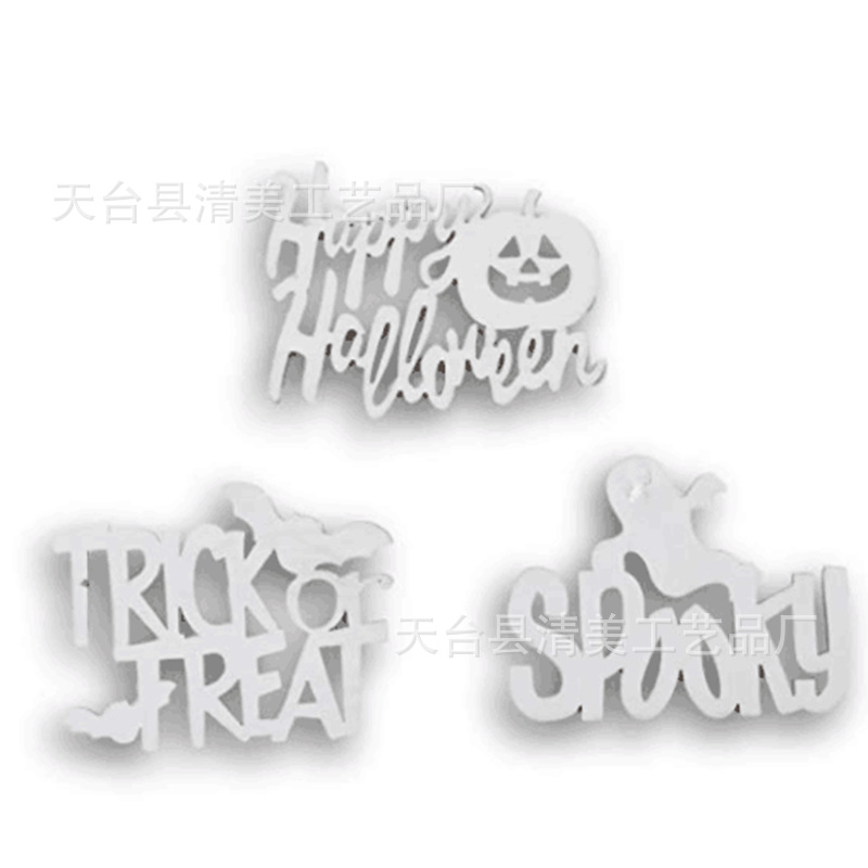 12,5 cm en forma de murciélago en forma de truco o trato Spooky calabaza Halloween feliz blanco decorativo colgante de madera pieza de madera