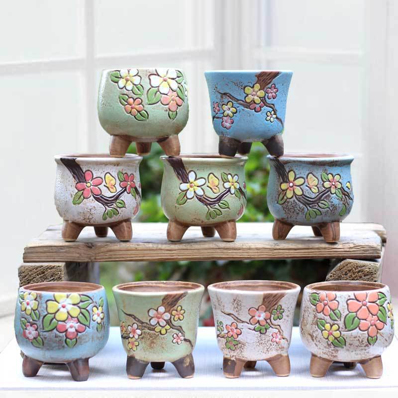 Fleshy Flower Pot Korean-style Hand-painted Embossed Stoneware Breathable Personalized Ceramic Fleshy Thumb Mini Small Pot