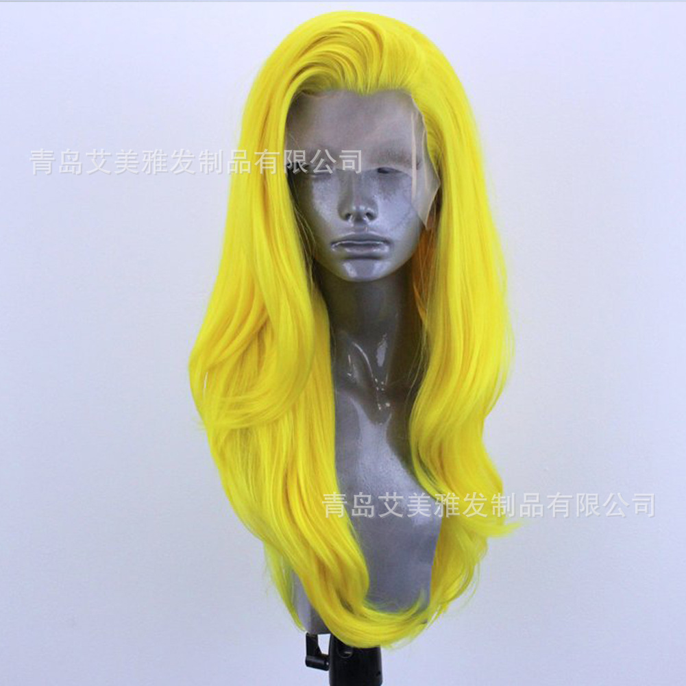 Amazon Style Wig Front Lace Chemical Fiber Wig Women's Yellow High Temperature Silk Half Hook Long Curls New