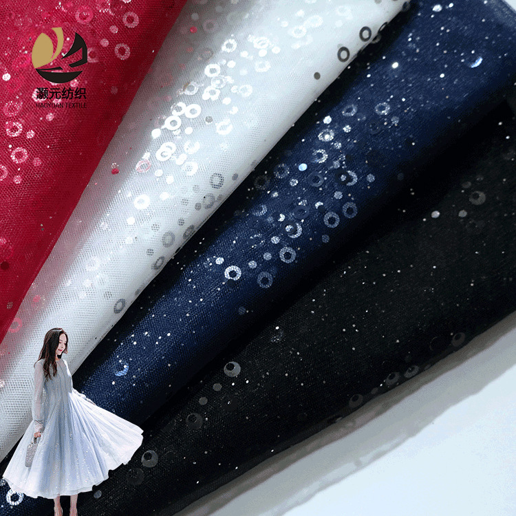 Fabricantes promocionales de bajo precio de malla brillante ojo de pez sequinilla malla vestido vestido de tela de fiesta