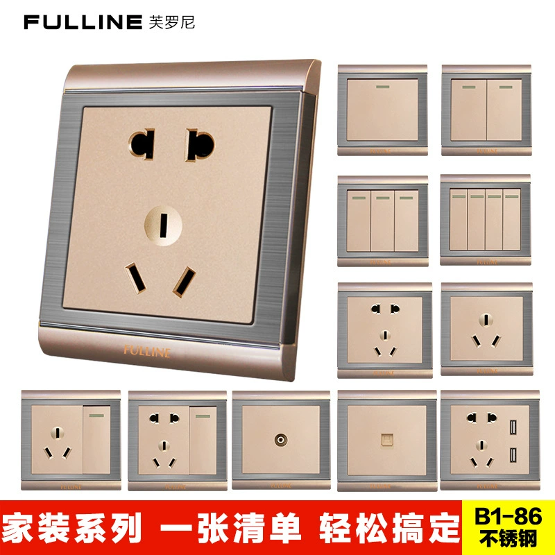 Type 86, one open five -hole double -ranging gold stainless steel brushed wall switch socket panel 10A5 hole power socket
