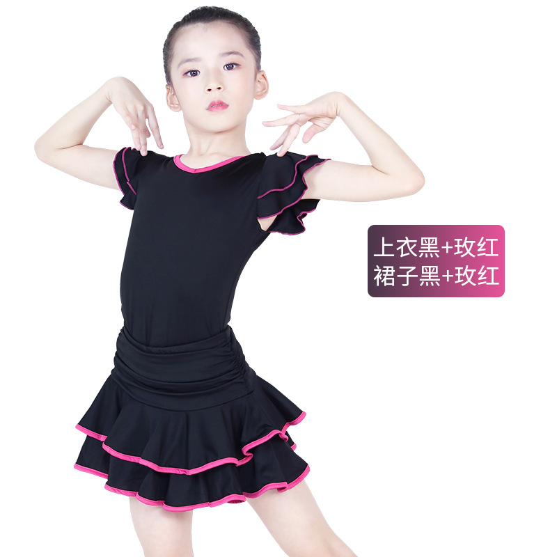 En stock de los niños traje de manga corta Doble cuello en V falda Latina delgada los niños ropa práctica de la danza