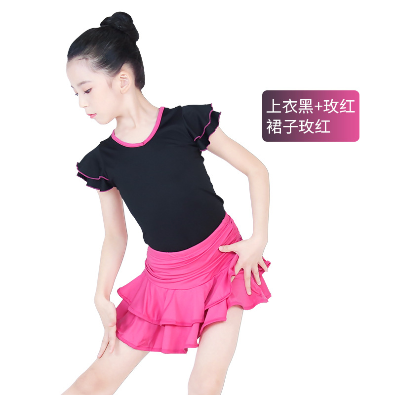 En stock de los niños traje de manga corta Doble cuello en V falda Latina delgada los niños ropa práctica de la danza