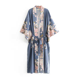 下架欧美风春夏女装欧美批发孔雀定位印花长袍和服外套