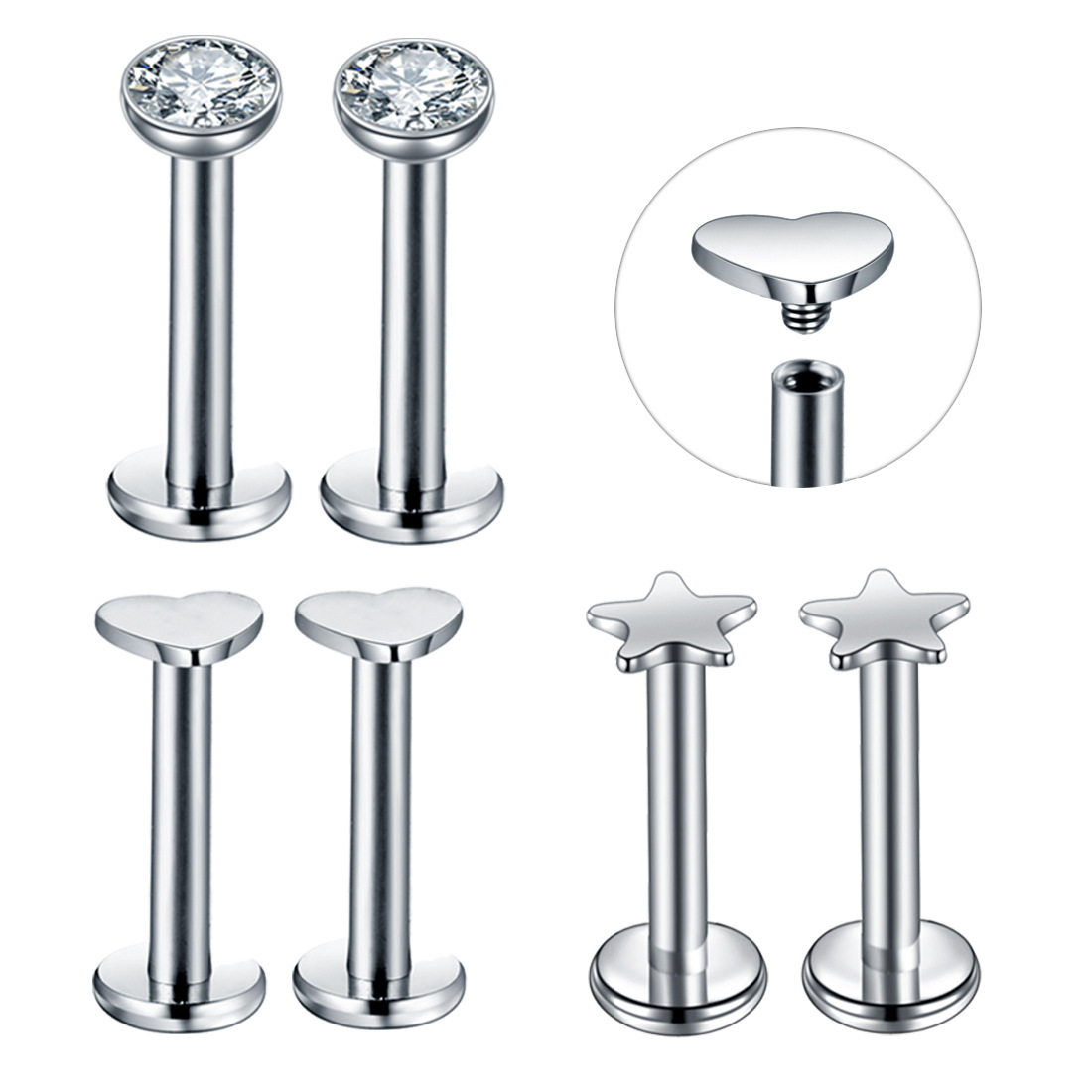 Leppepiercing i rustfritt stål med zirkonia hjerte og stjerne_voghion.com