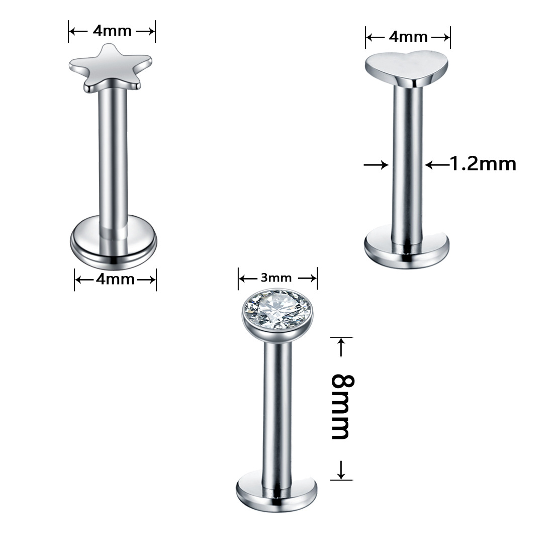 Leppepiercing i rustfritt stål med zirkonia hjerte og stjerne_voghion.com