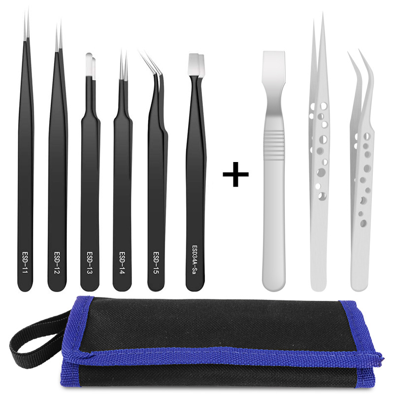 Handskit镊子 9孔不锈钢防静电精密镊子 电子手机修理工具手工具