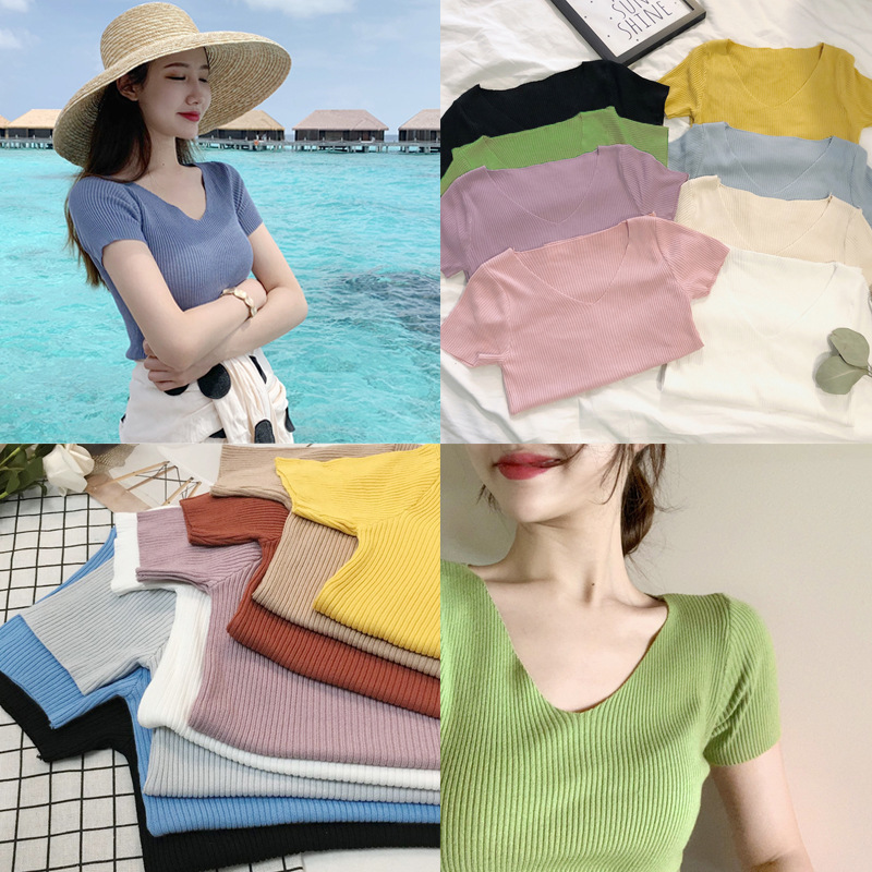 Beware of machine ice silk sweater women's pullover short sleeve V-neck slim fit slim knit jacket tide a generation of hair