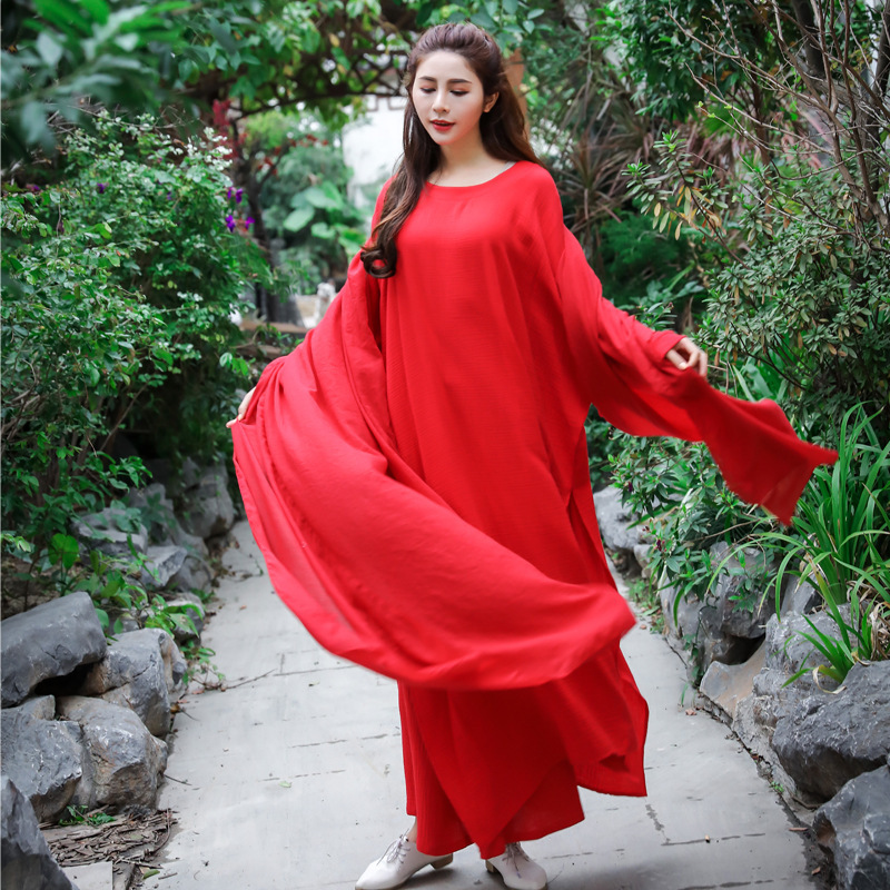 Zen Dance Suit Tea Suit Three-Piece Red Dress Ethnic Style Long Retro Art Yoga Cotton Linen Wide Leg Suit