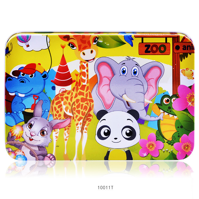 Rompecabezas de educación temprana para niños de madera 100 unidades rompecabezas en caja de hierro rompecabezas de dibujos animados puesto juguetes de Venta caliente juguetes educativos