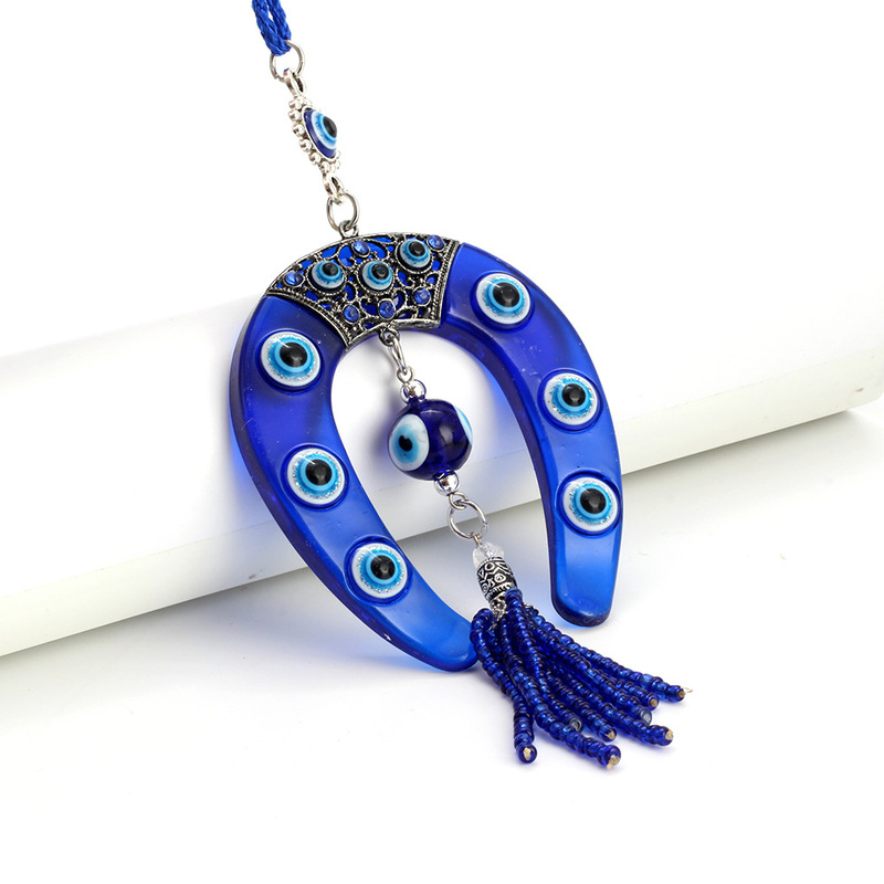 Cross-Border Turkish Blue Eye Horseshoe Tassel Alloy Pendant Evil Eye Lucky Blessing Decoration Car Hanging Ornament