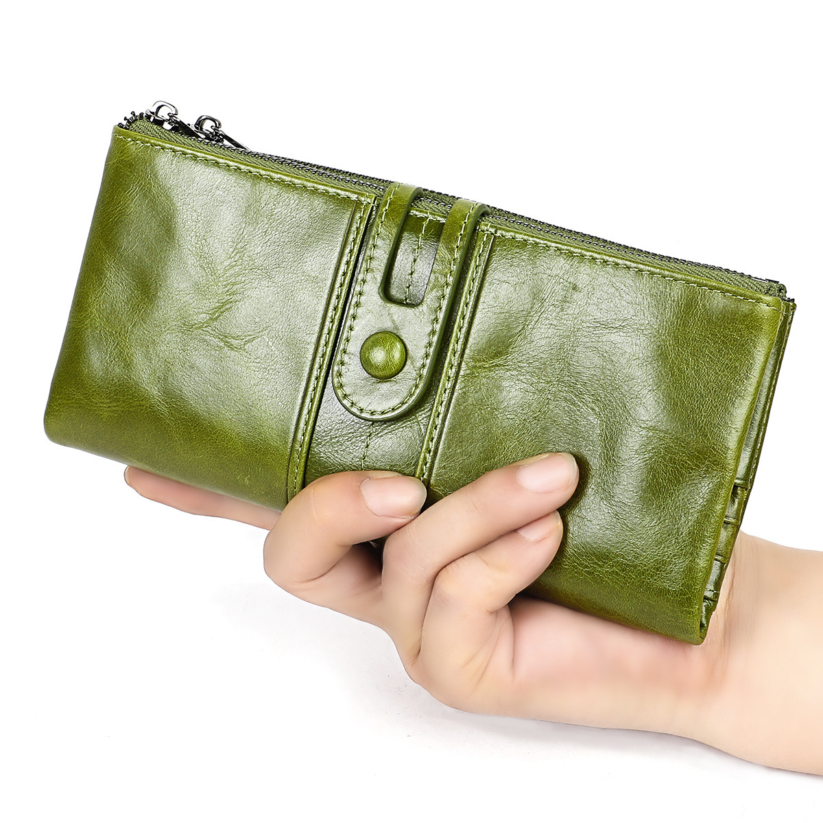Oil wax skin RFID women's top layer cowhide three fold multifunctional long zero wallet_voghion.com