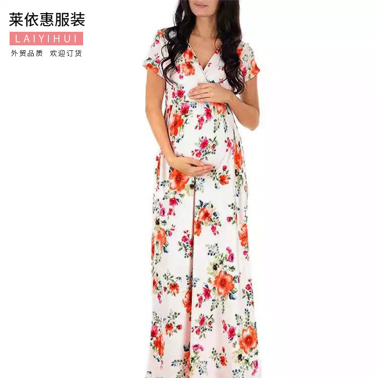Amazon Explosive Women's AliExpress ebay Printed Cross V-Neck Short Sleeve Floor Mopping Pregnant Women's Dress 1518
