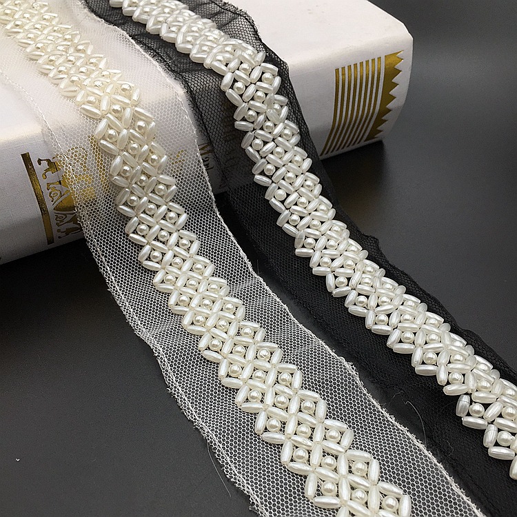 厂家直销手工网布钉珠泡珠珍珠花边 婚纱礼服辅料diy装饰花边条码
