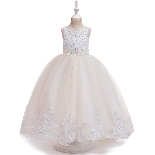 2024 Children's Evening Dresses Net Lace Princess Wedding Dress with Tulle Tail and Beads for Girls 