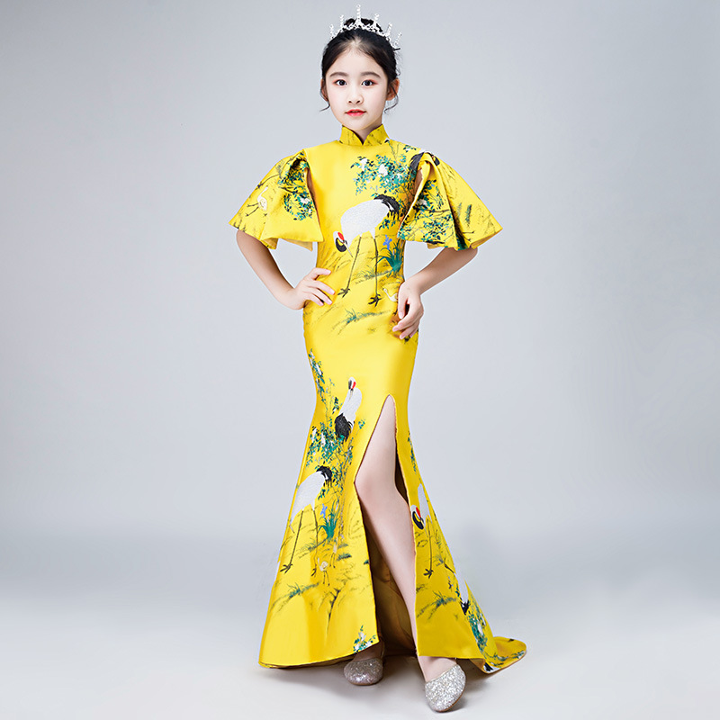 Girls' Catwalk Trailing Gowns Cheongsam Children's Evening Dresses Little Princesses Hostess Performance Costumes Modified Fit_voghion.com