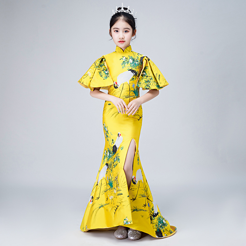 女童中国风模特走秀拖尾礼服改良旗袍高贵儿童晚礼服主持人演出服