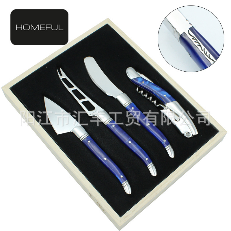 4-piece set double steel head blue resin wooden handle cheese cheese knife tool suit stainless steel wine bottle opener