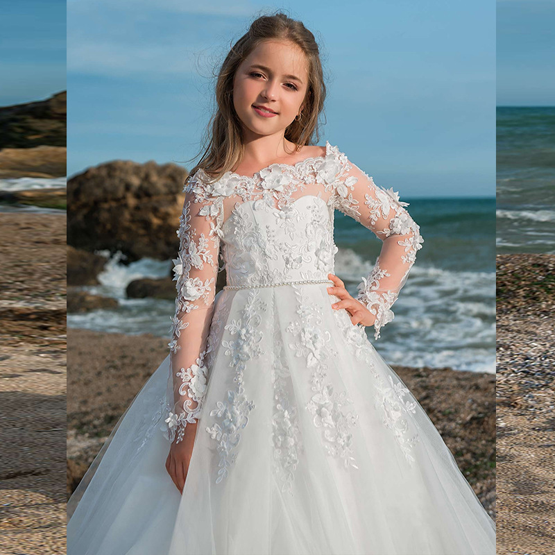Girls' Princess Dress White Tulle Gown For Flower Girl Wedding Evening Children's Piano Performance Costume_voghion.com