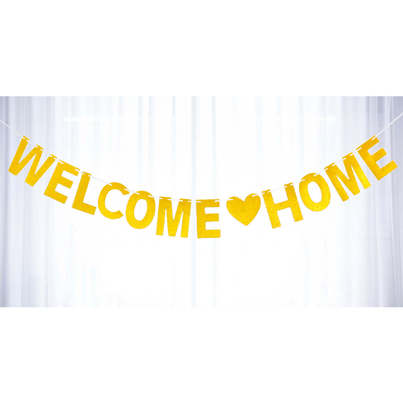 Fiesta familiar fiesta boda Navidad cumpleaños de una sola pieza Golden Garland bienvenido a casa brillo pull flag