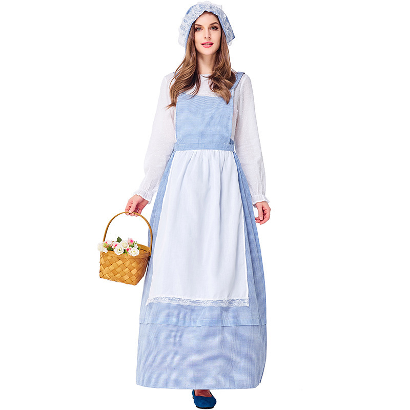 Pastoral Story Costume European and American Farm Girl Sky Blue Plaid Chef Dress Pastoral Parent-Child Performance Costume