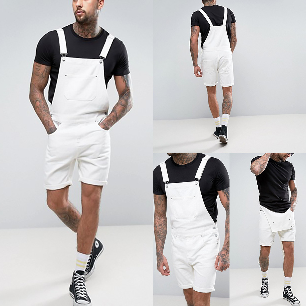 wish Vintage Men's Denim White Side Shorts One-piece Tooling Strap Pants