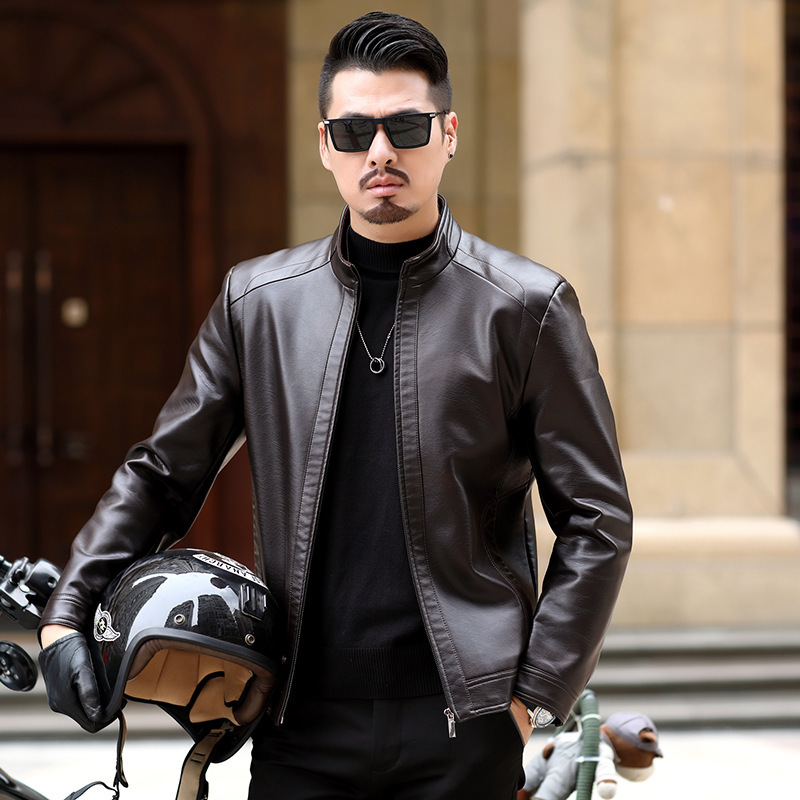 2024 Autumn and Winter New Haining Genuine Leather Jacket Men's Slim Short Stand Collar Leather Jacket Men's Middle-Aged Genuine Leather Jacket