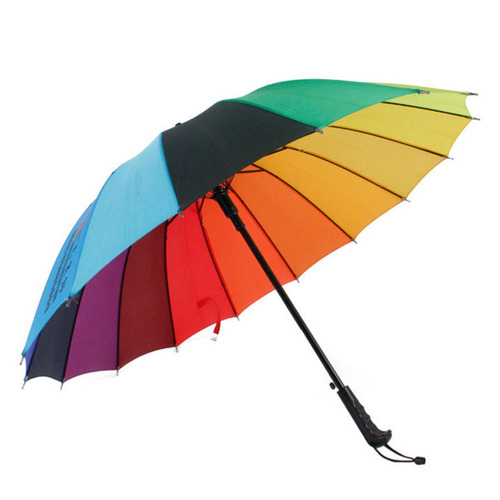 Rainbow umbrella with printed logo, straight pole, long handle, gift advertising umbrella wholesale, 16 ribs, large wind-resistant golf umbrella