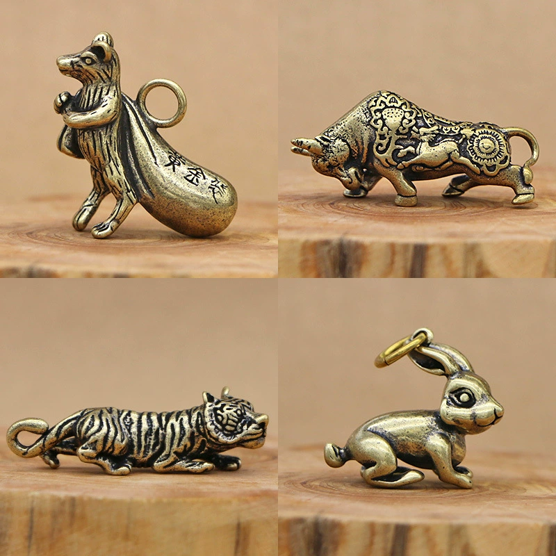 3D brass keychain pendant, Chinese zodiac charms, antique finish, wearable charm
