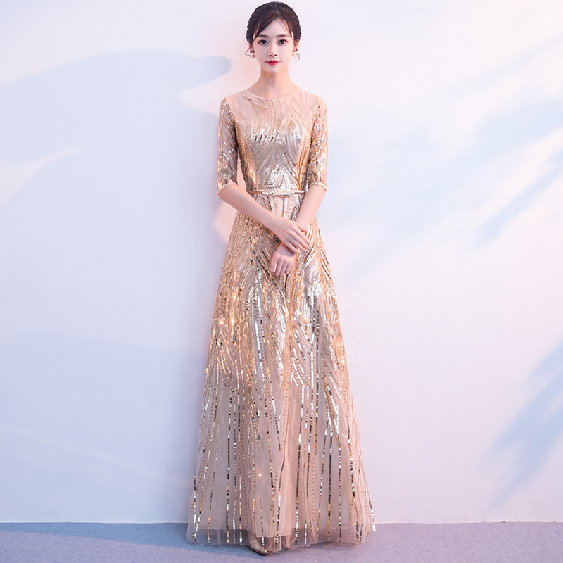Golden Evening Dress for Women 2026 New Spring Long Style Elegant Slimming Party Host Choir Performance Dress Dinner Party Golden Evening Dress for Women 2026 New Spring Long Style Elegant Slimming Party Host Choir Performance Dress Dinner Party
